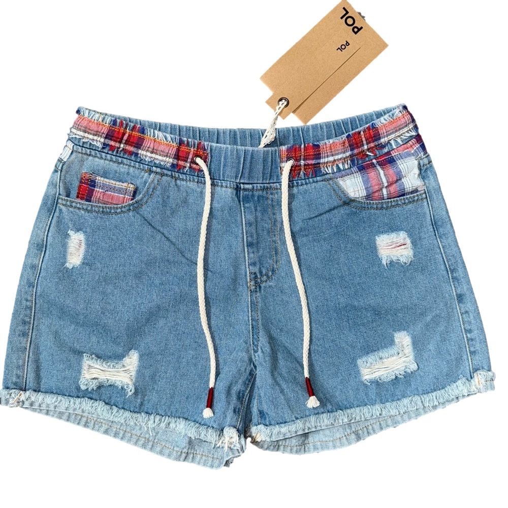 POL women’s distressed pull on elastic waist, blue denim shorts with plaid trim